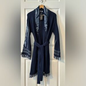NWT INC Long Embroidered Belted Cardigan- size small